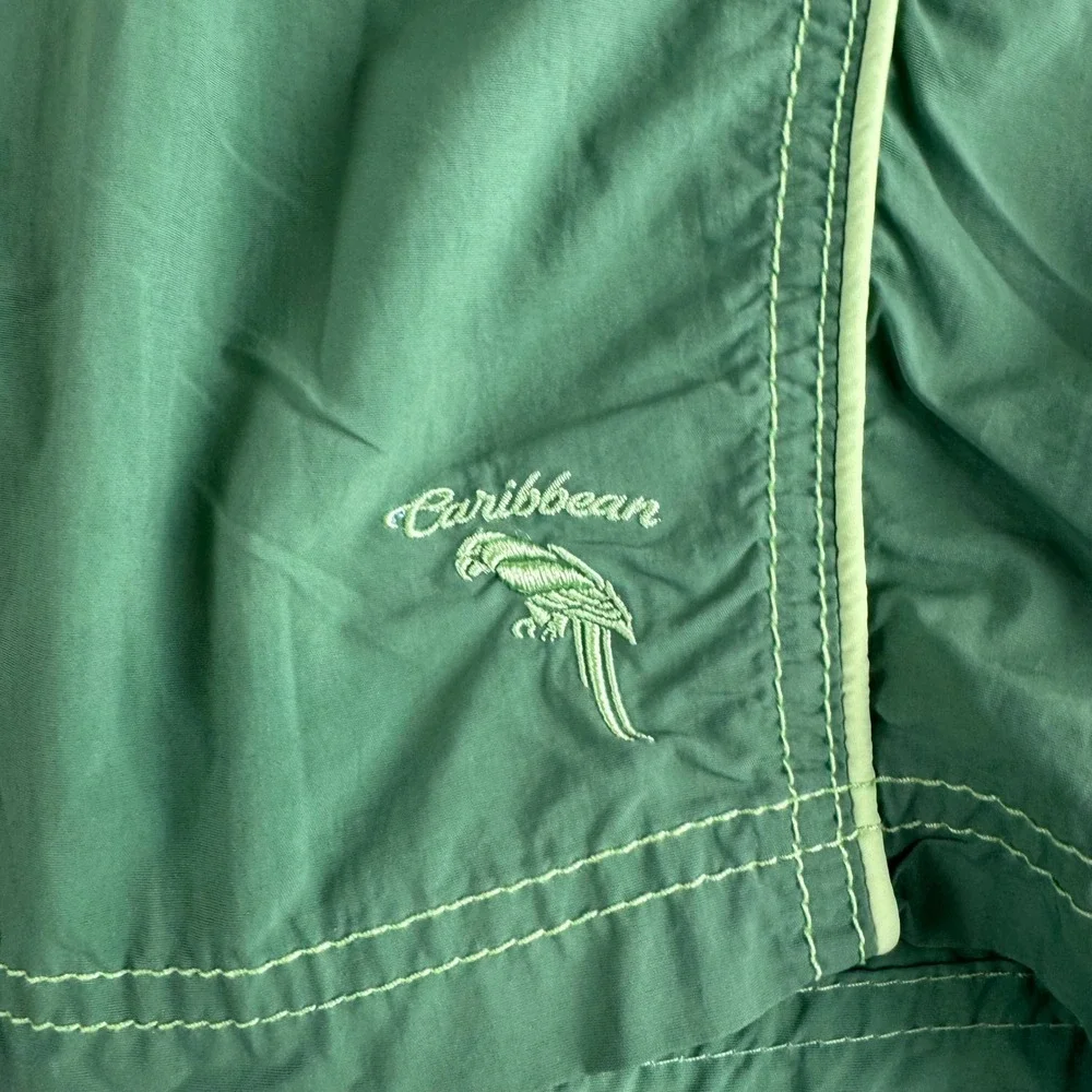 Caribbean Swimwear Mens Green Board Shorts Parrot Logo Mesh Lined Size 44